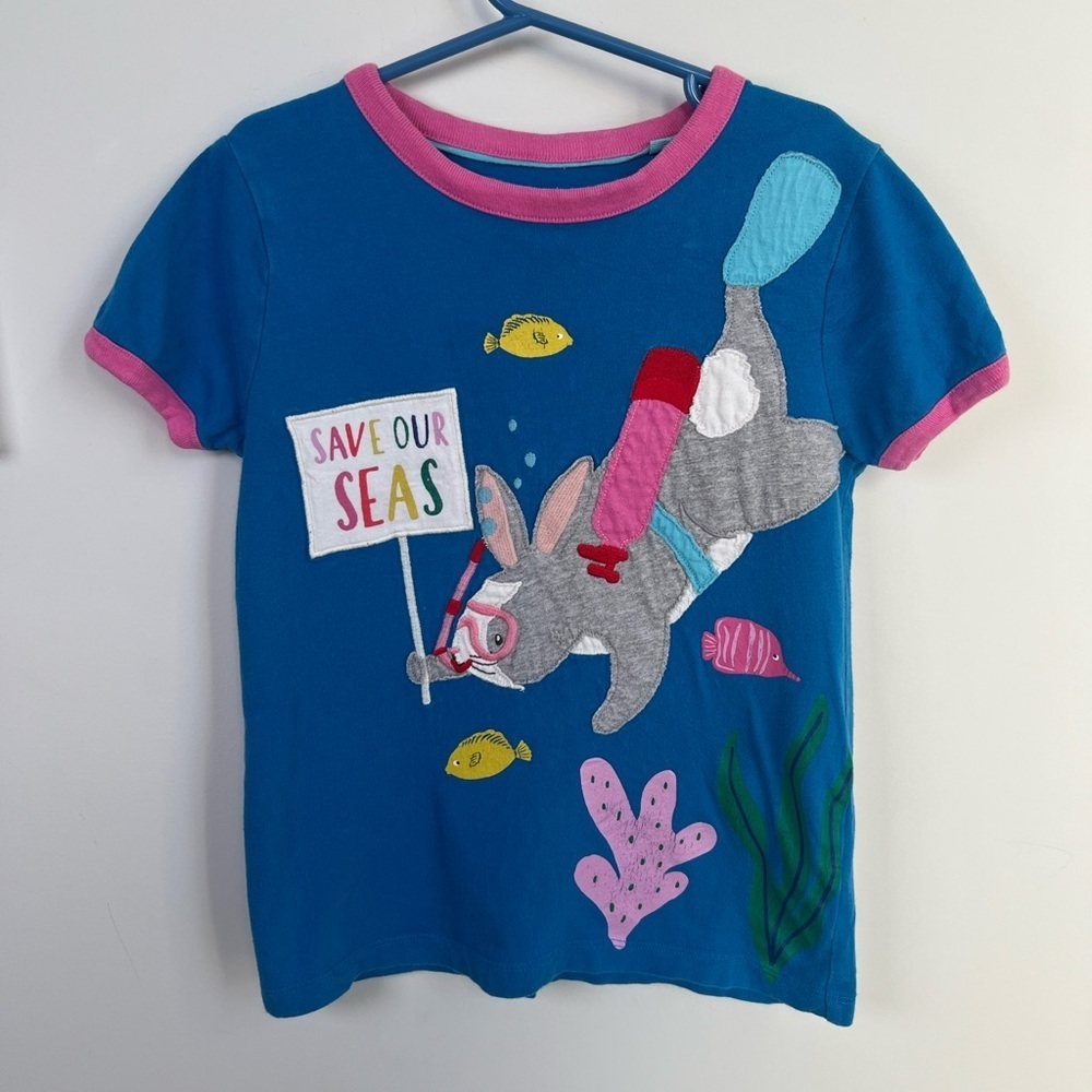 Mini Boden Girl's Short Sleeve Applique Ringer T-shirt - Marina Blue Rabbit 7-8Y